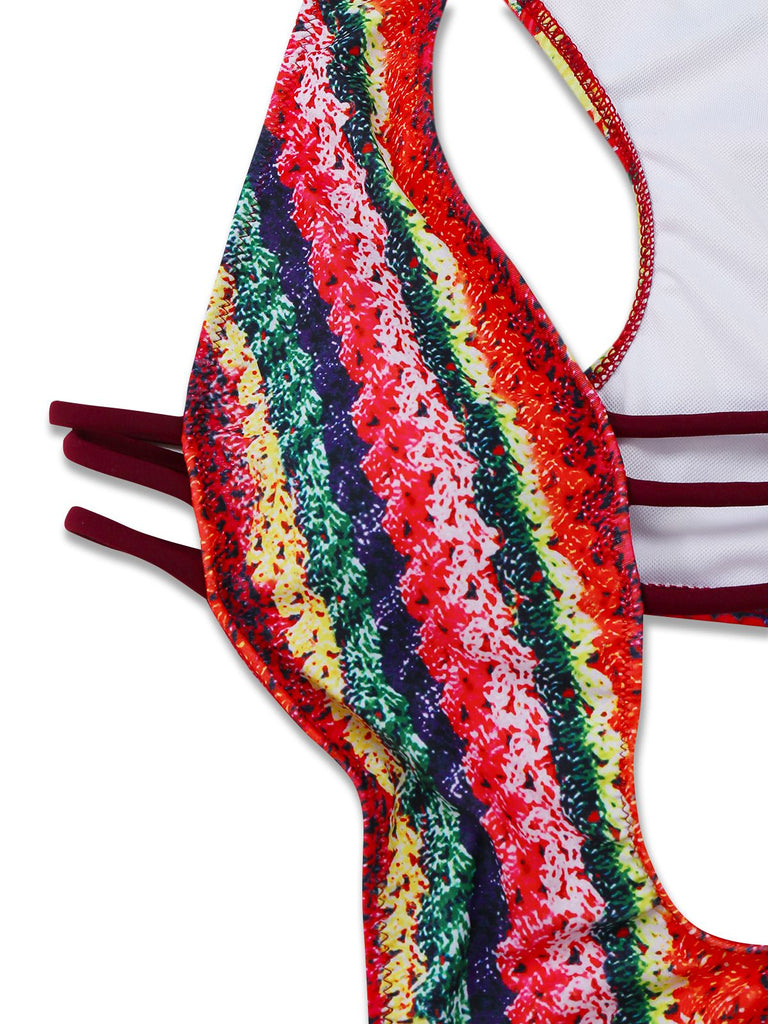 Multicolor 1960s Rainbow Cutout Strappy Faux Crochet Swimsuit