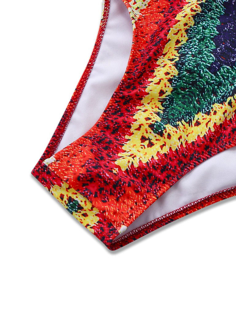 Multicolor 1960s Rainbow Cutout Strappy Faux Crochet Swimsuit