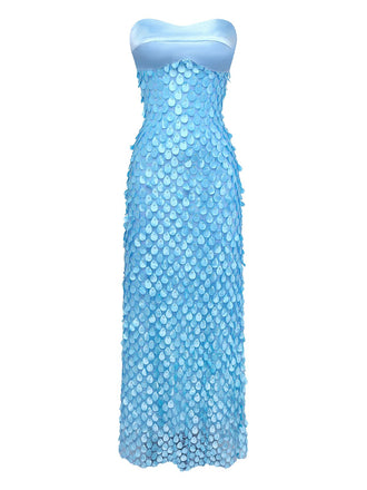 Blue 1970s 3D Floral Lace Beaded Backless Strapless Dress