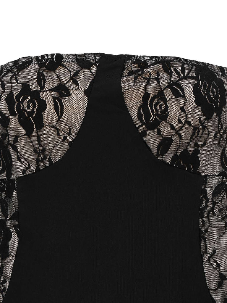 Black 1970s Strapless Lace Panel Flared Jumpsuit