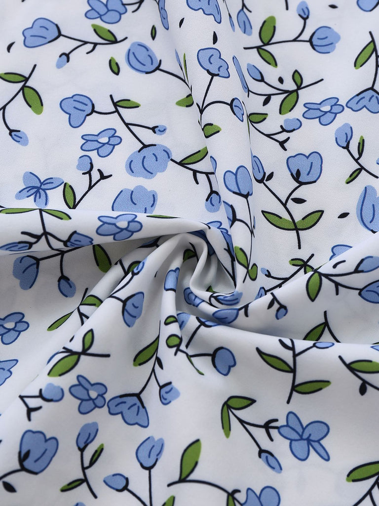 Blue 1950s Floral V-Neck Puff-Sleeve Slit Midi Dress