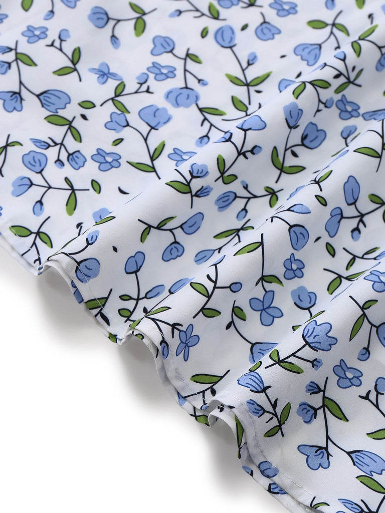 Blue 1950s Floral V-Neck Puff-Sleeve Slit Midi Dress