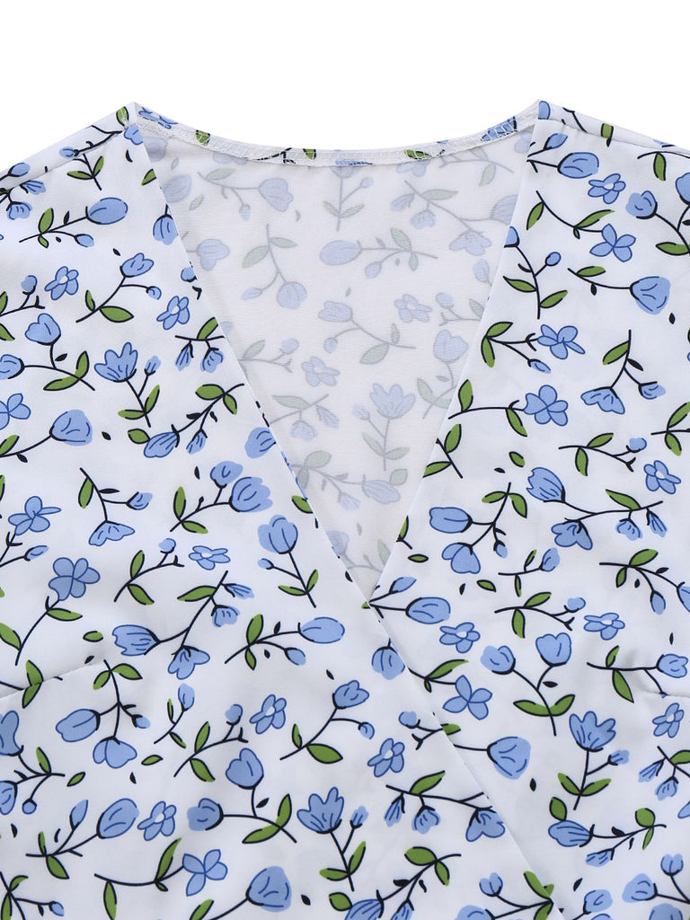 Blue 1950s Floral V-Neck Puff-Sleeve Slit Midi Dress