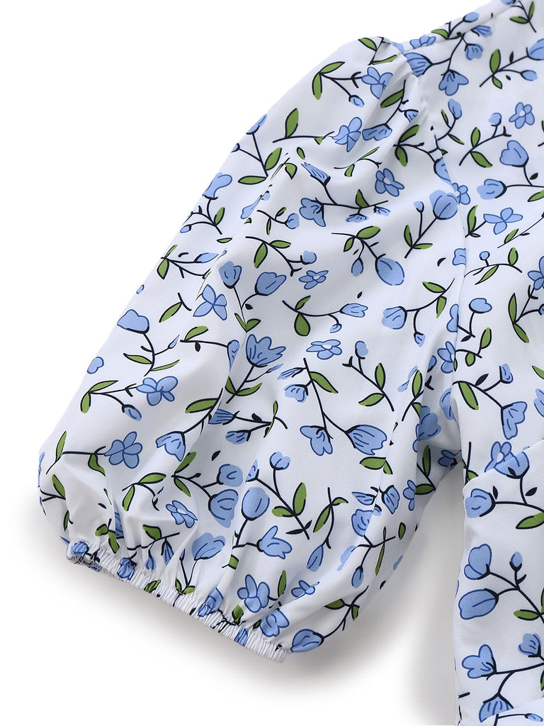 Blue 1950s Floral V-Neck Puff-Sleeve Slit Midi Dress