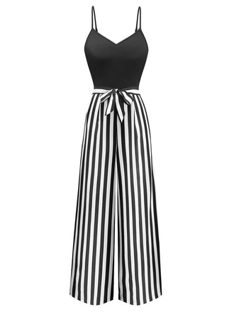 1970s Spaghetti Strap Striped Belted Jumpsuit