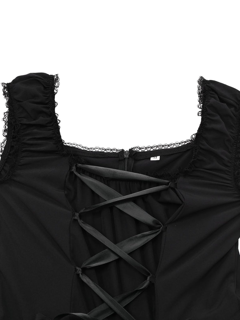 Black 1950s Solid Gothic Lace-Up Dress