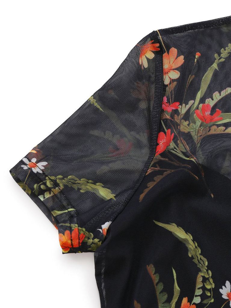 Black 1930s Floral Mesh Ruffle Midi Dress