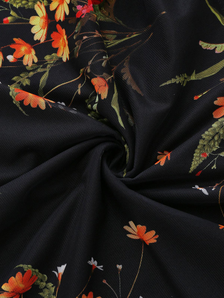 Black 1930s Floral Mesh Ruffle Midi Dress