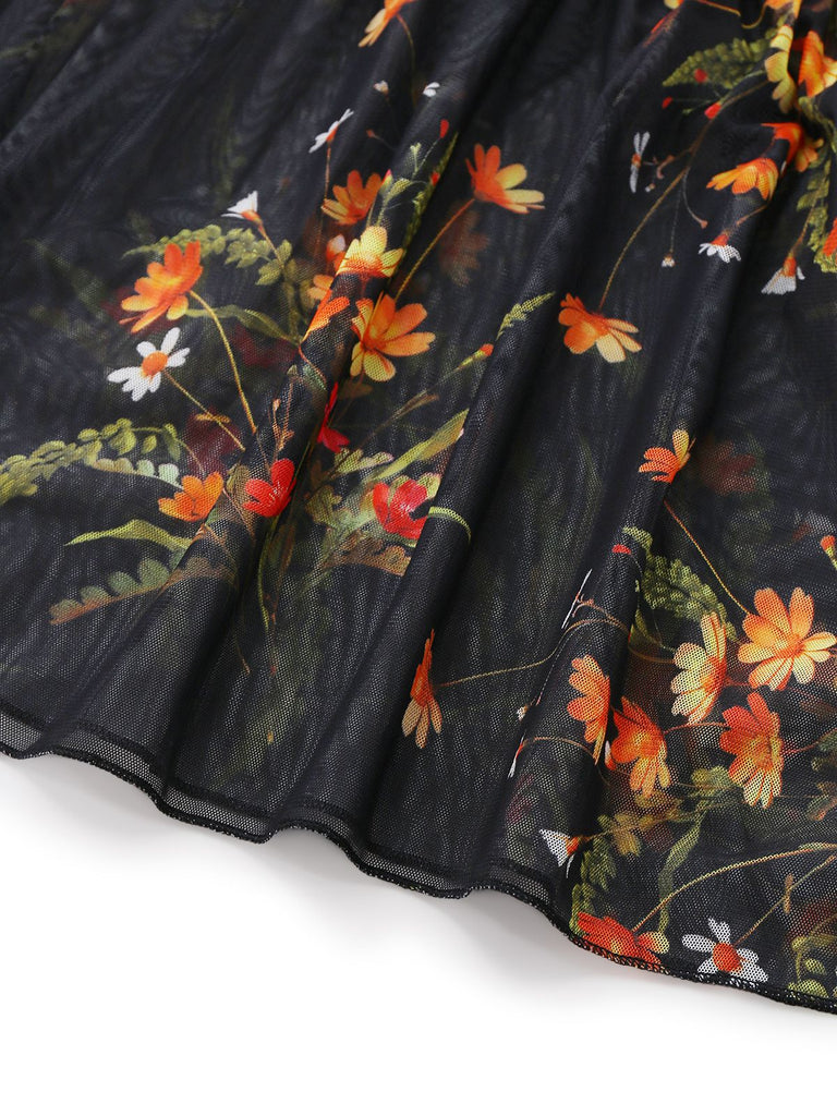 Black 1930s Floral Mesh Ruffle Midi Dress