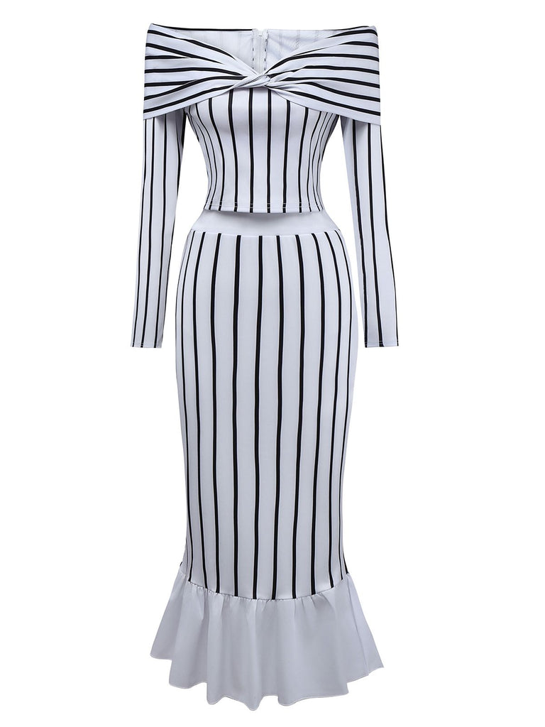 2PCS 1930s Striped Off-Shoulder Top & Fishtail Skirt