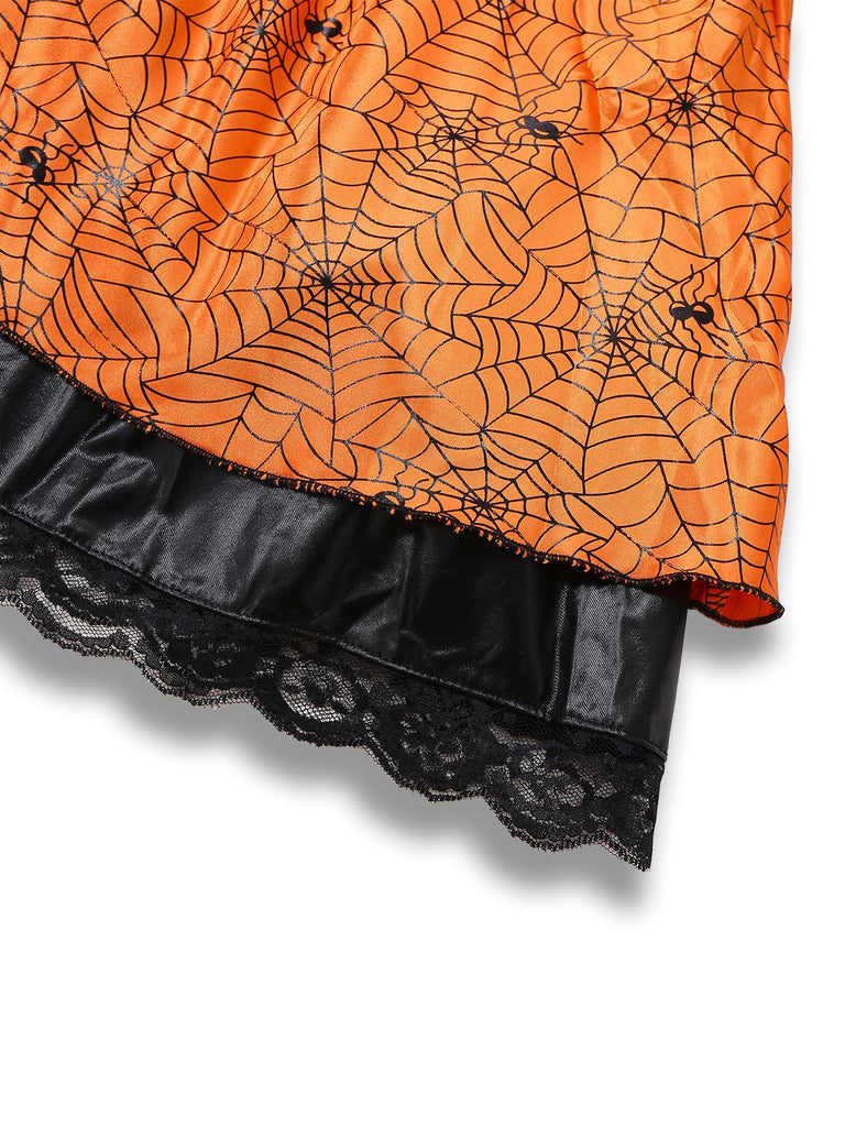 Orange 1960s Halloween Pumpkin Spiderweb Puff-Sleeve Dress