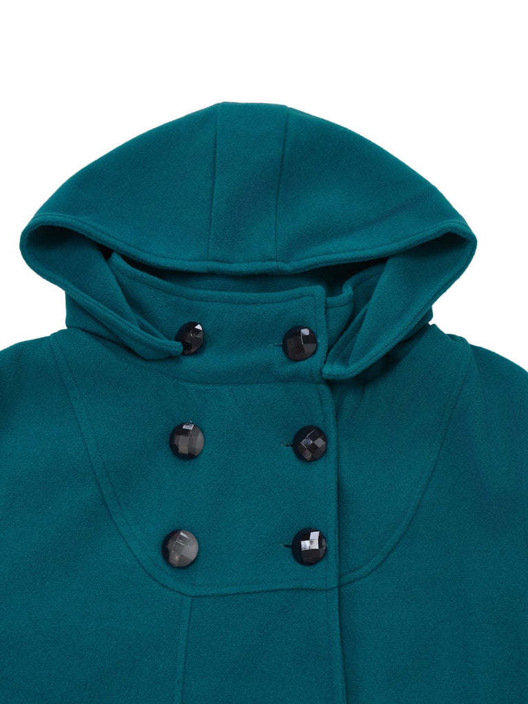 Blue 1930s Solid Faux-Wool Hooded Coat