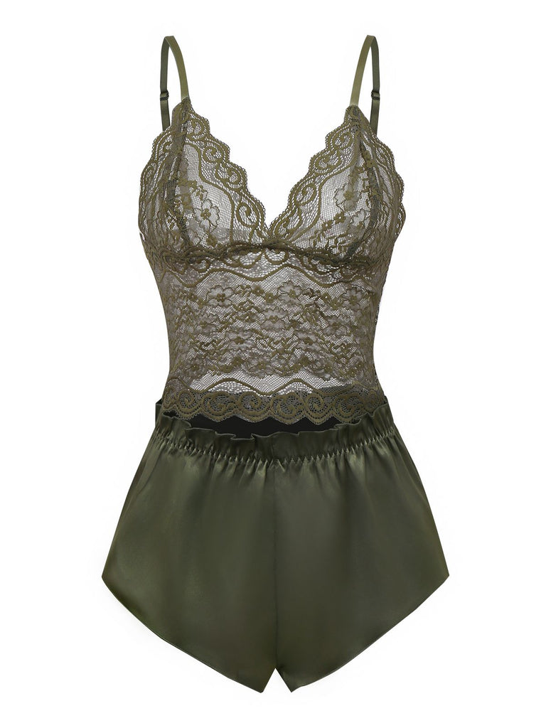 Green 1950s Solid Lace & Satin Pajama Set