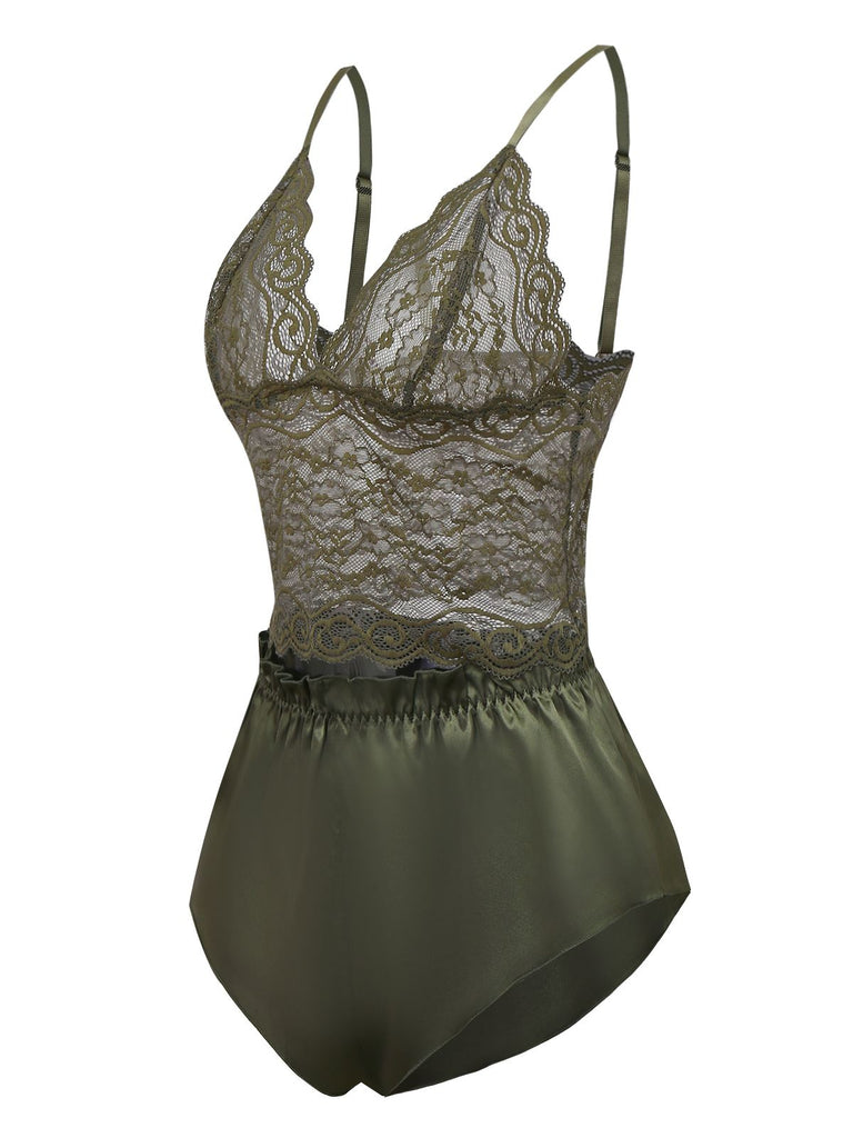 Green 1950s Solid Lace & Satin Pajama Set