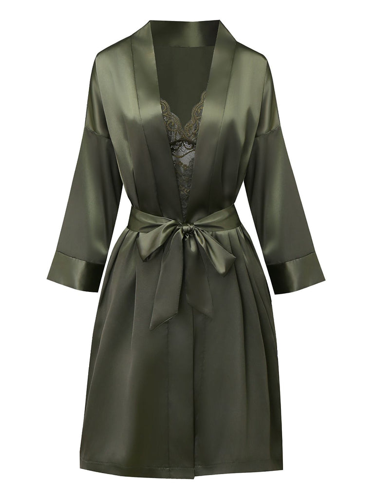 Green 1950s Solid Lace & Satin Pajama Set