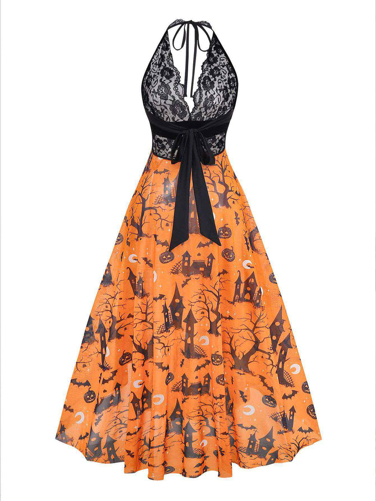 Orange 1970s Halloween Pumpkin Print Lace Halter Nightgown