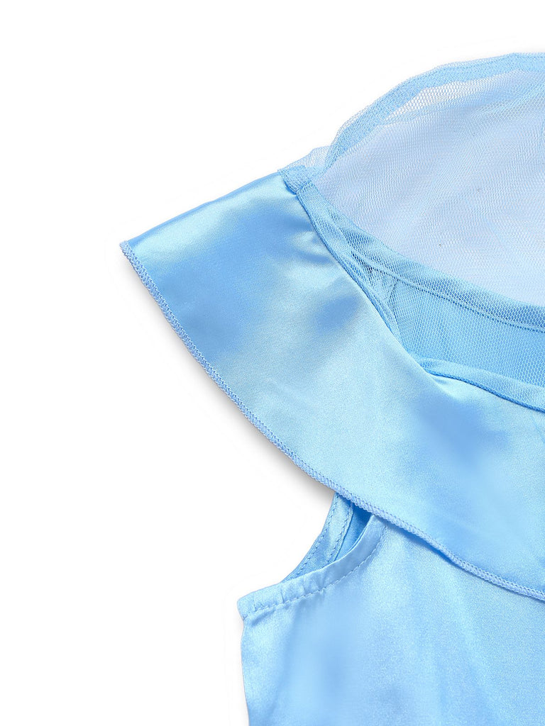 Blue 1940s Satin Mesh Panel Peter Pan Collar Dress