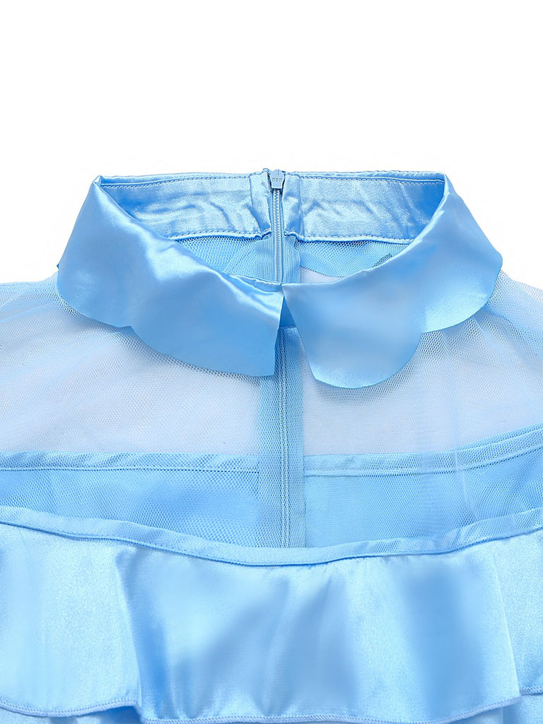 Blue 1940s Satin Mesh Panel Peter Pan Collar Dress