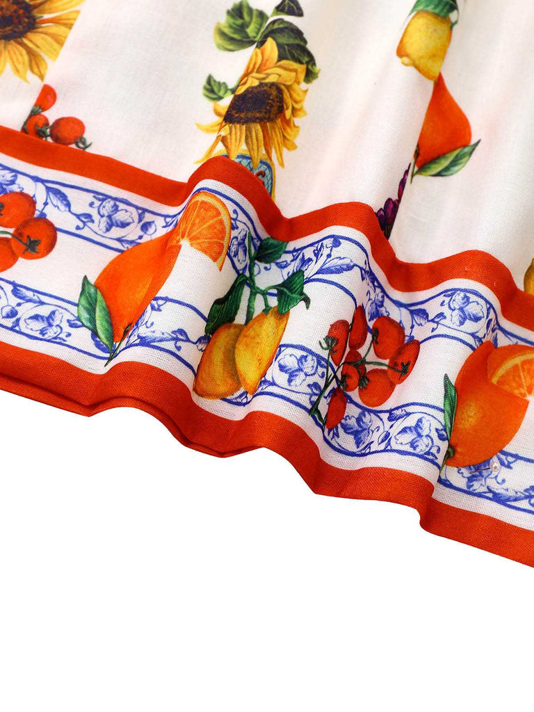 1960s Square Neck Fruit Sunflower Tie-Back Dress