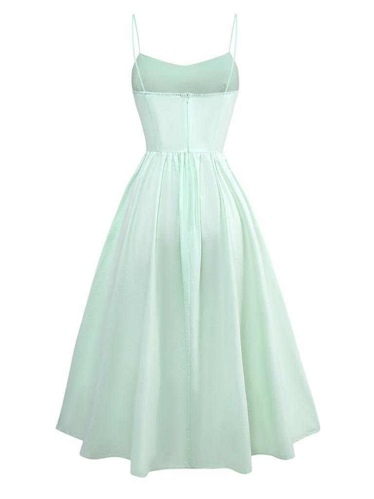Green 1940s U-Neck Solid Jacquard Pure Cotton Dress