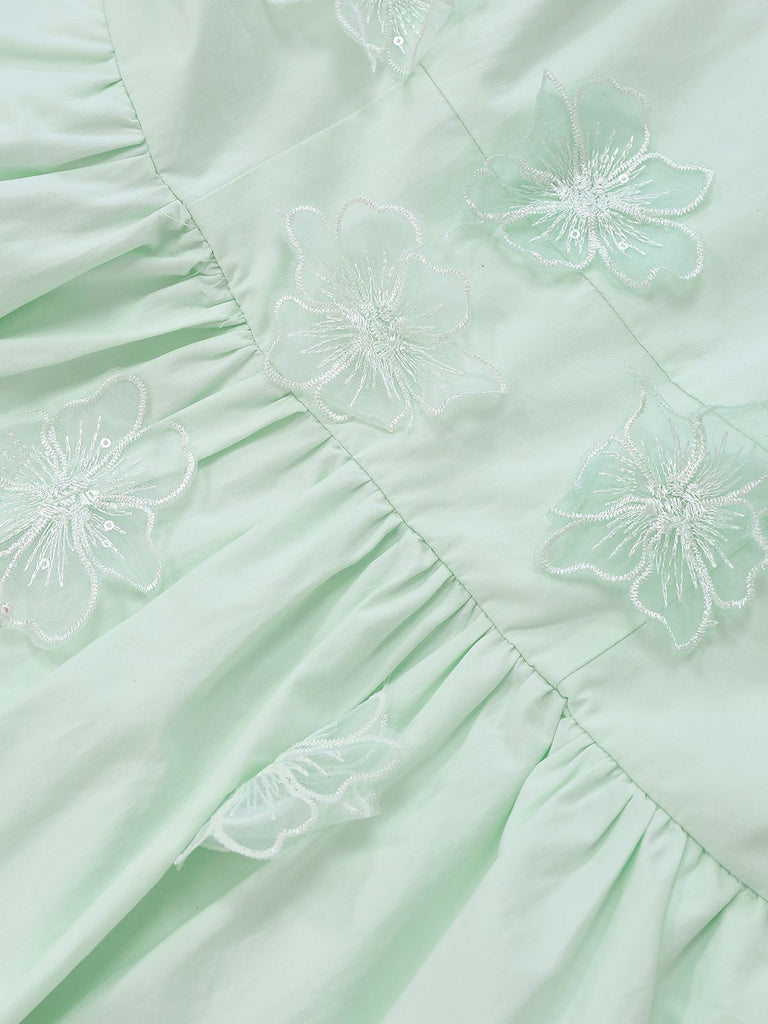 Green 1940s U-Neck Solid Jacquard Pure Cotton Dress