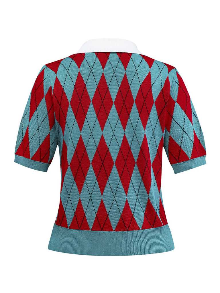 1930s Lapel Collar Color Block Diamond Grid Sweater