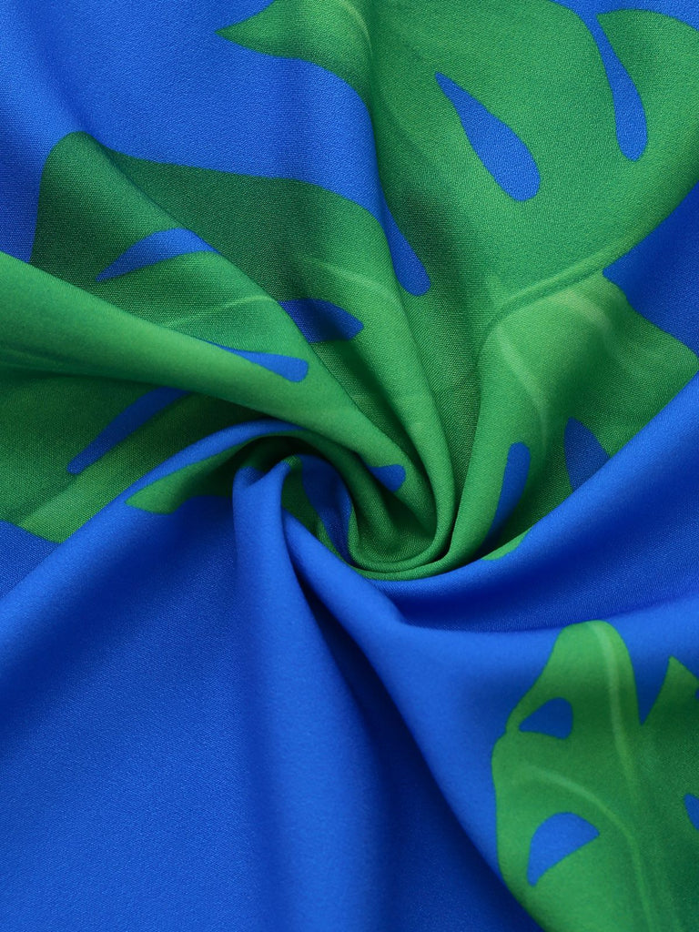 Blue 1970s Boho V-Neck Tropical Palm Leaf Jumpsuit