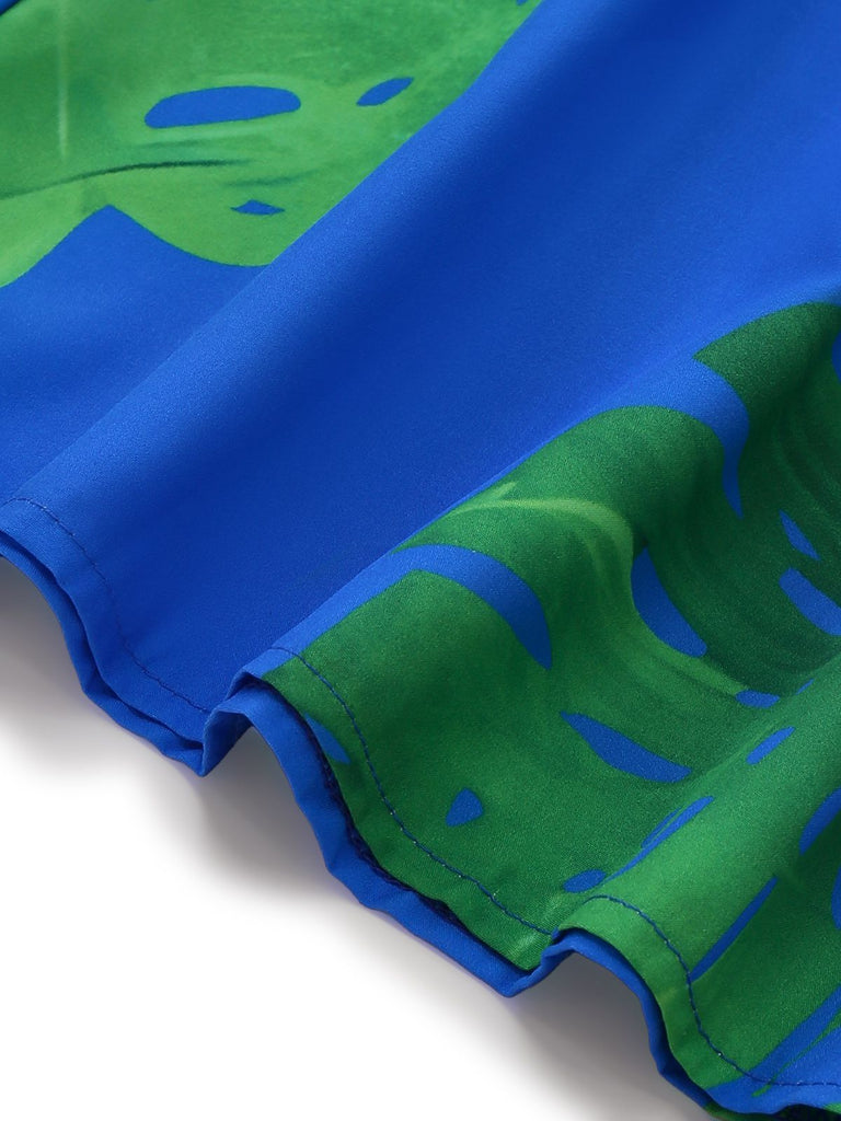 Blue 1970s Boho V-Neck Tropical Palm Leaf Jumpsuit