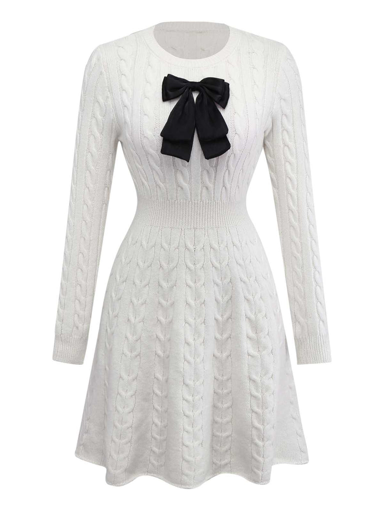 White 1970s Bow Decor Knit Sweater Dress