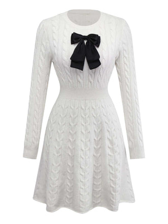 White 1970s Bow Decor Knit Sweater Dress