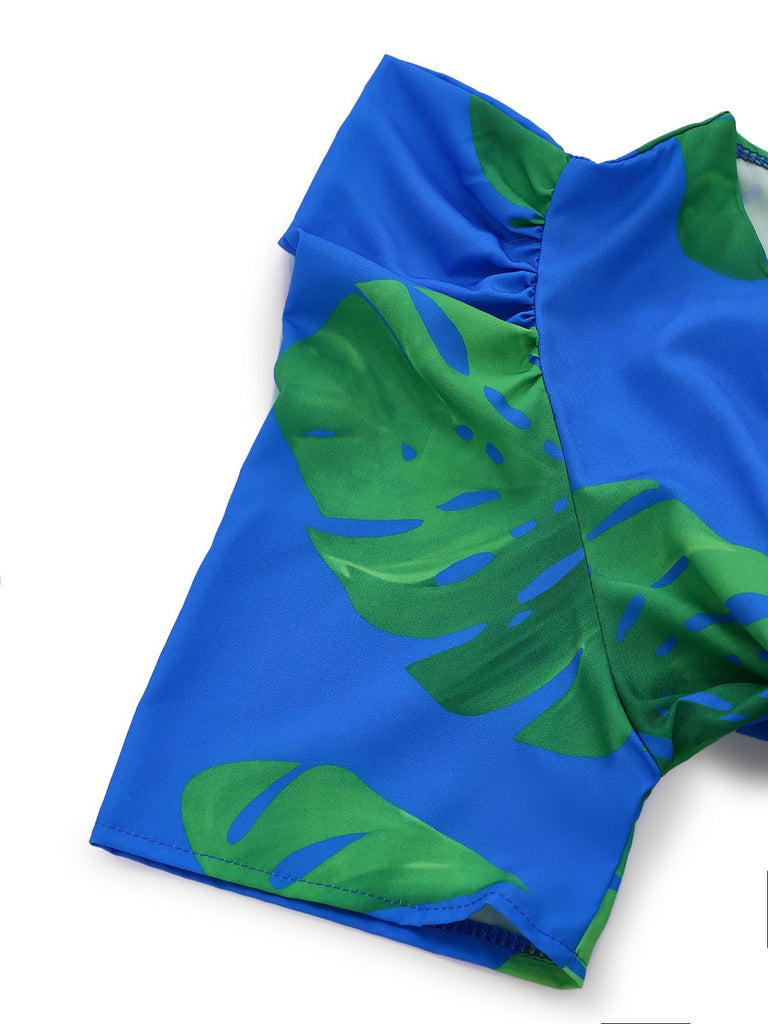 Blue 1970s Boho V-Neck Tropical Palm Leaf Jumpsuit