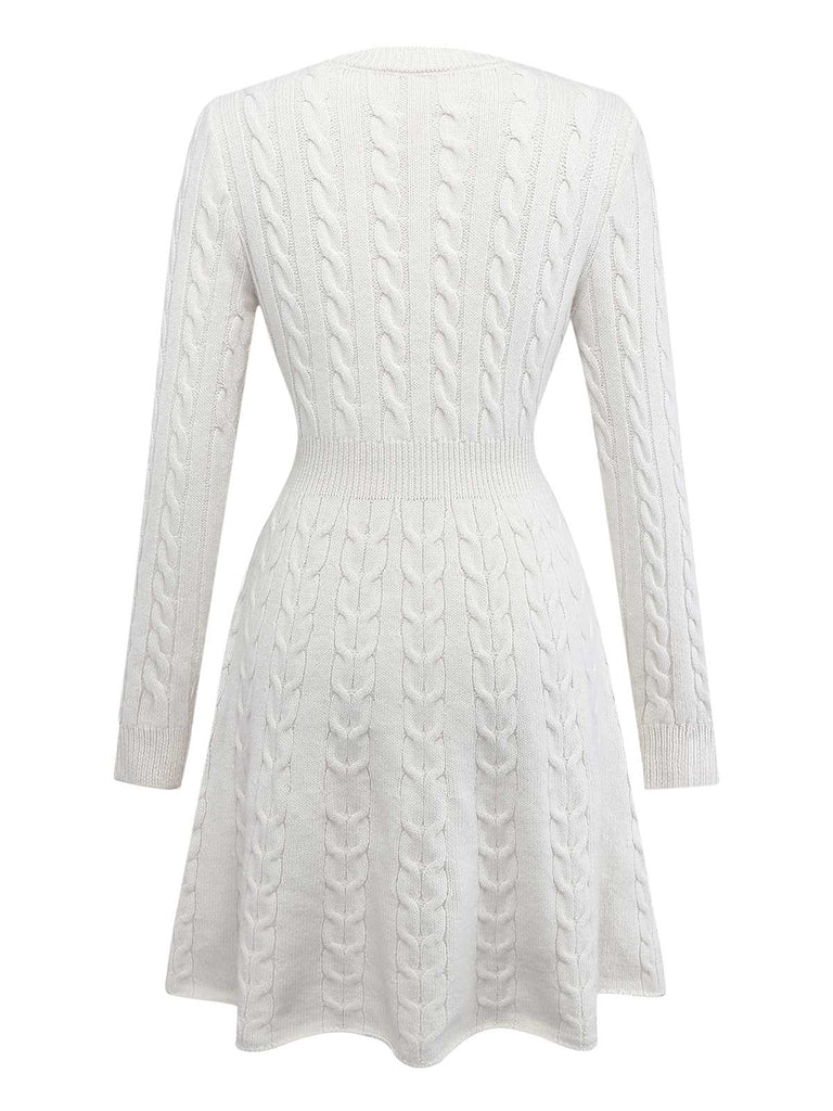 White 1970s Bow Decor Knit Sweater Dress