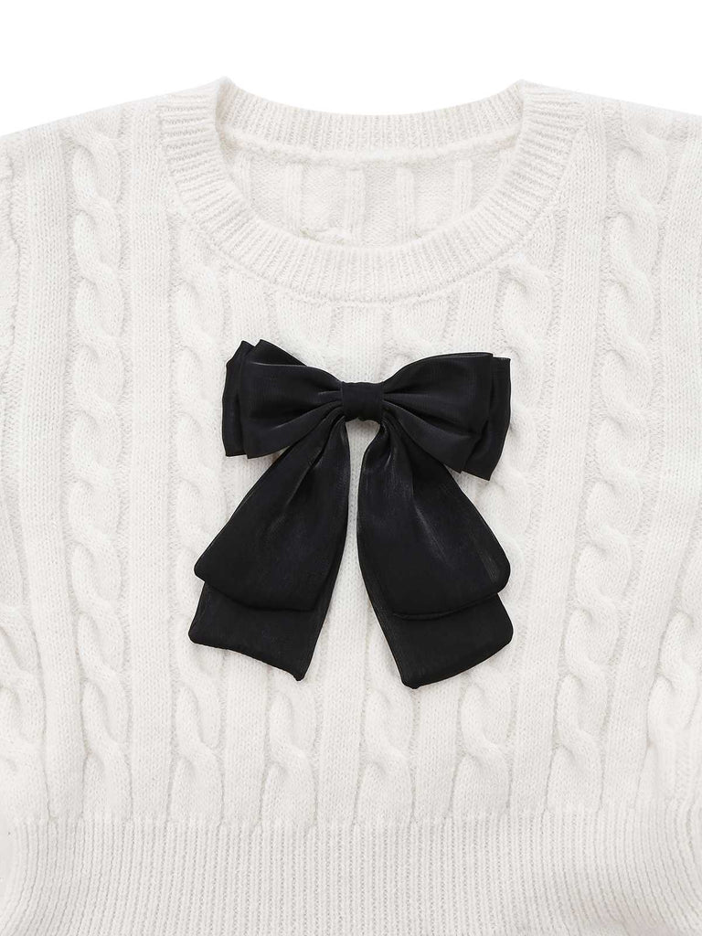 White 1970s Bow Decor Knit Sweater Dress