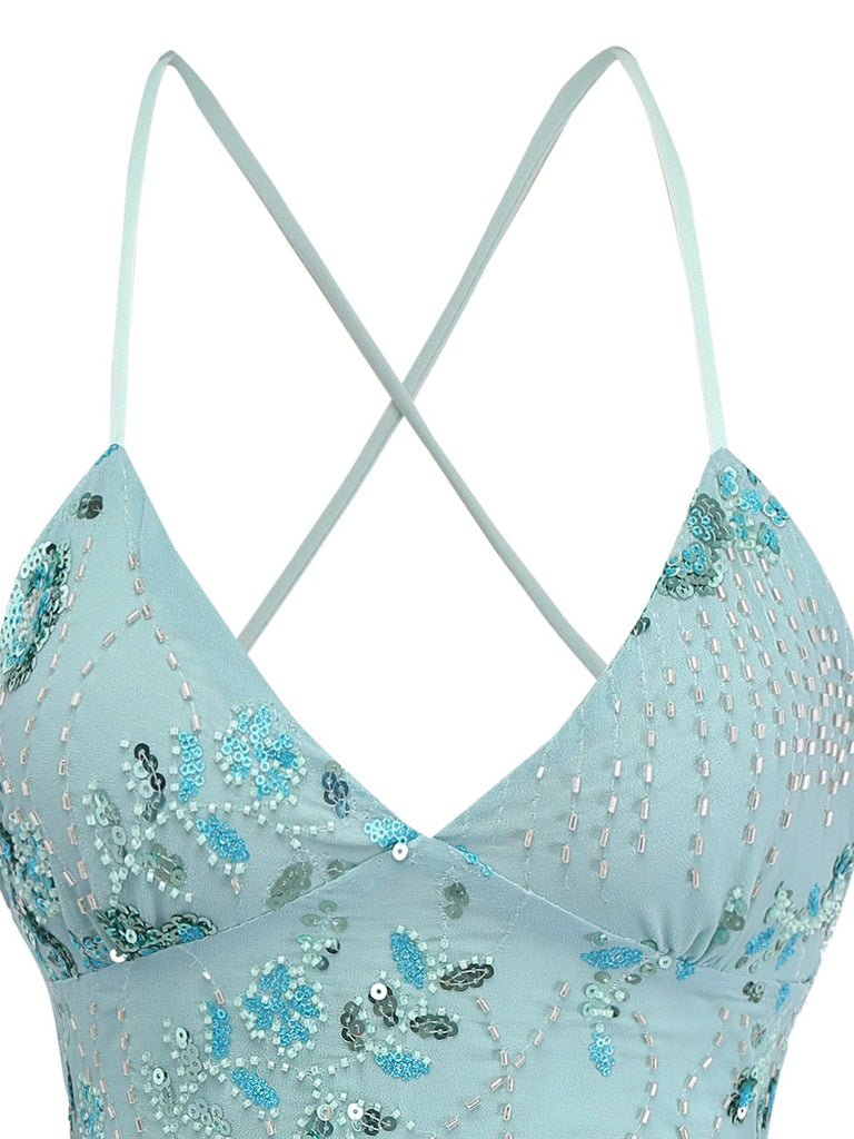 Ice Green 1980s Sequined Embroidered Floral Top
