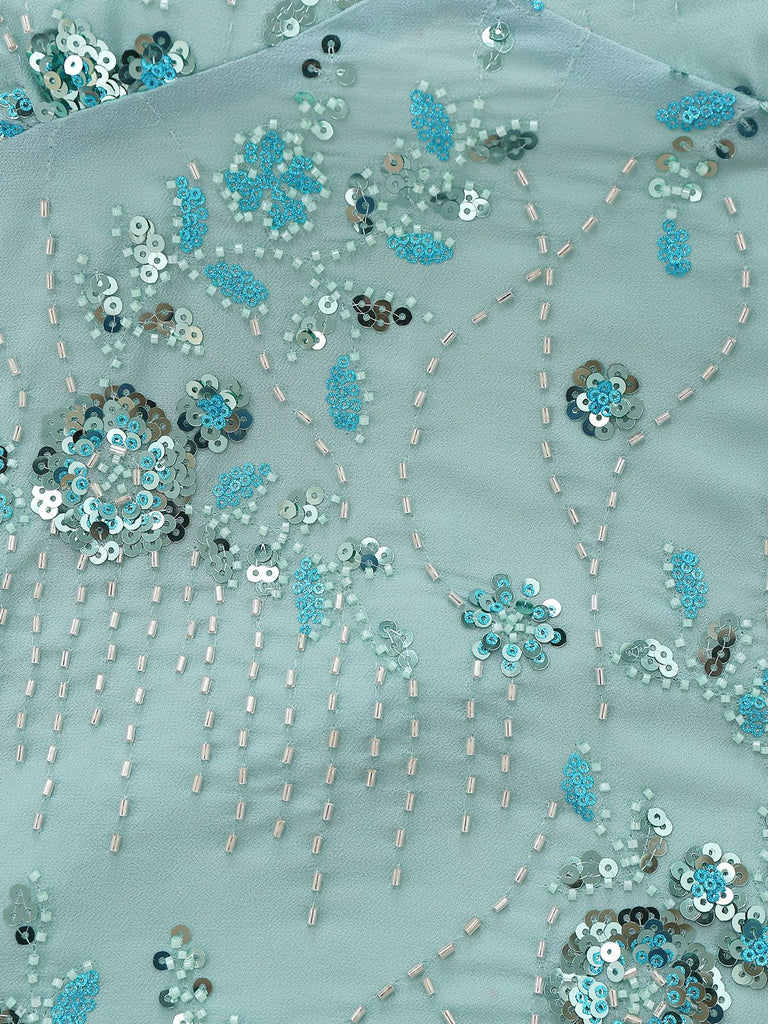 Ice Green 1980s Sequined Embroidered Floral Top