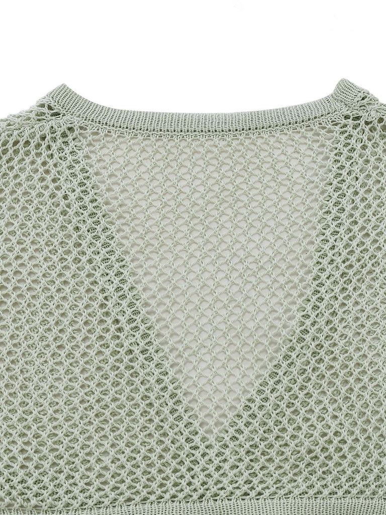 2PCS Green 1960s Crochet Long Sleeve Beach Cover-Up Set