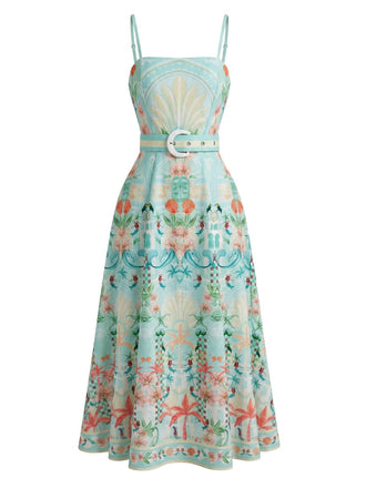Ice Green 1970s Tropical Plants Belted Smocked Dress
