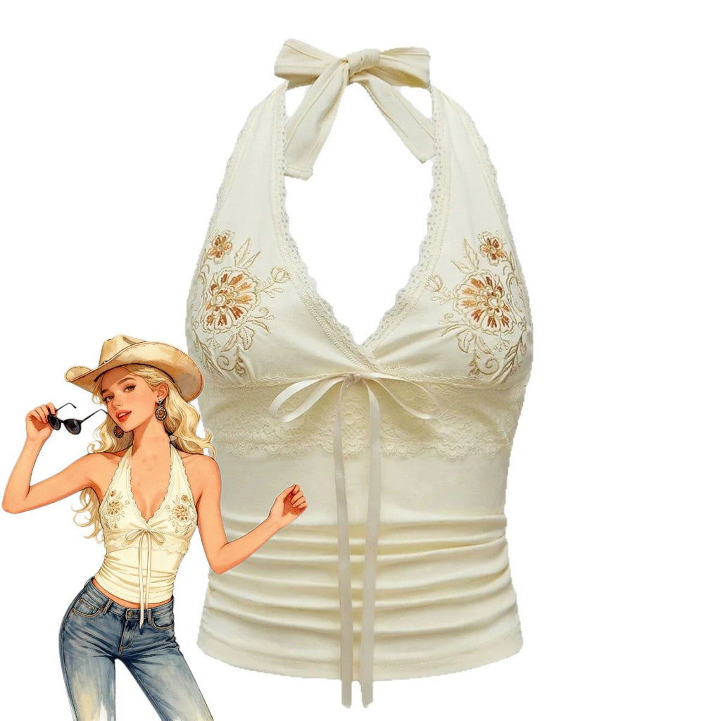 Ivory 1980s Embroidered Lace Floral Halter Top | Retro Stage