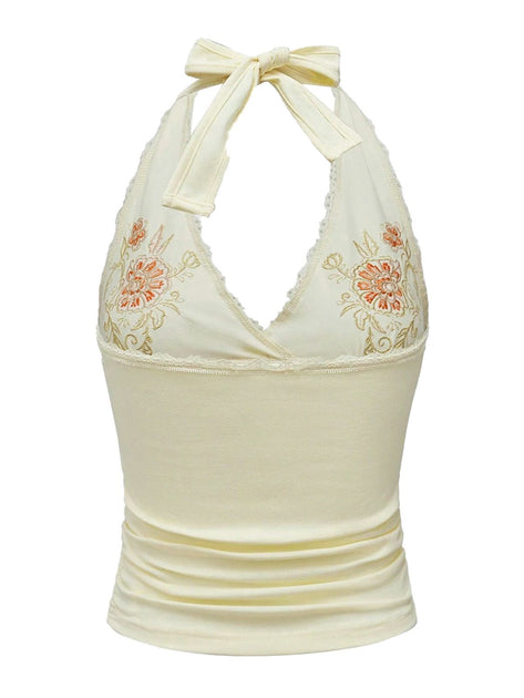 Ivory 1980s Embroidered Lace Floral Halter Top | Retro Stage