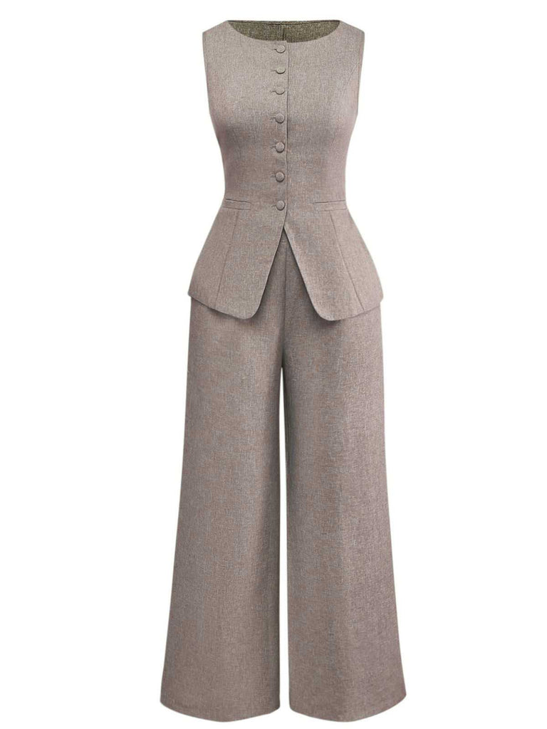 2PCS Solid 1940s Sleeveless Top & Wide-Leg Pants