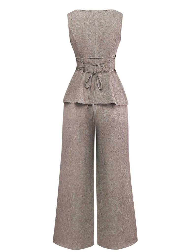 2PCS Solid 1940s Sleeveless Top & Wide-Leg Pants