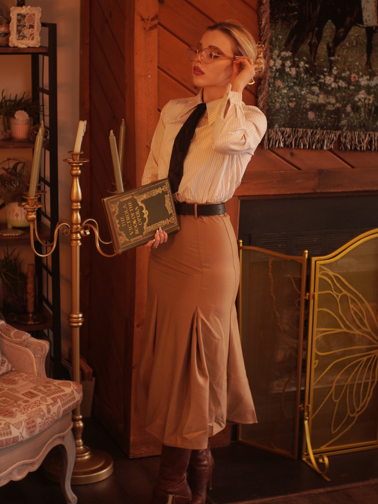 Khaki 1930s Striped Lapel Blouse Detachable Tie Dress - vintage dress, retro fashion for women
