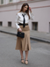 Khaki 1930s Striped Lapel Blouse Detachable Tie Dress, classic vintage style elegant retro fashion - Image 3