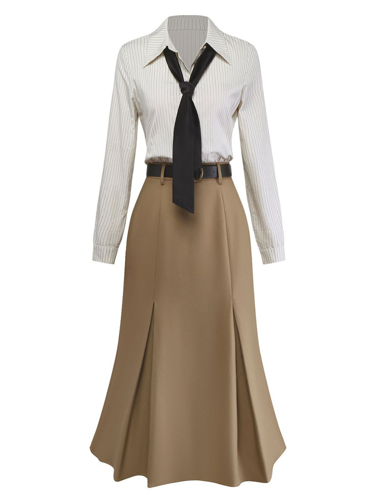 Khaki 1930s Striped Lapel Blouse Detachable Tie Dress, classic vintage style elegant retro fashion - Image 5