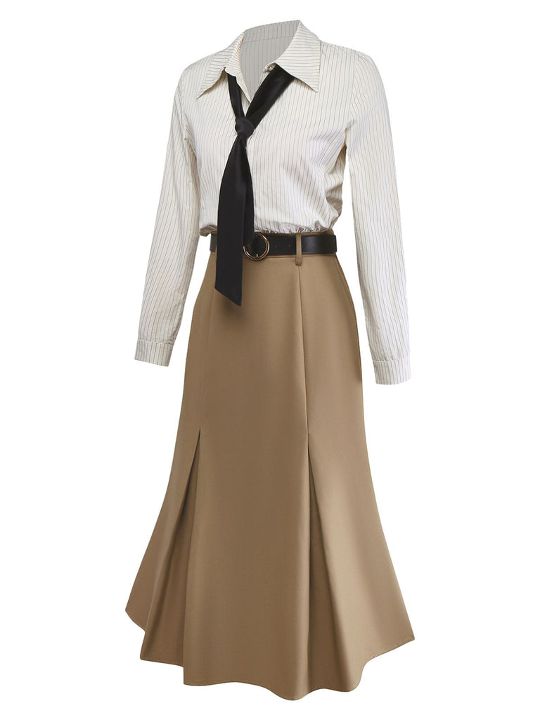 Khaki 1930s Striped Lapel Blouse Detachable Tie Dress, classic vintage style elegant retro fashion - Image 6