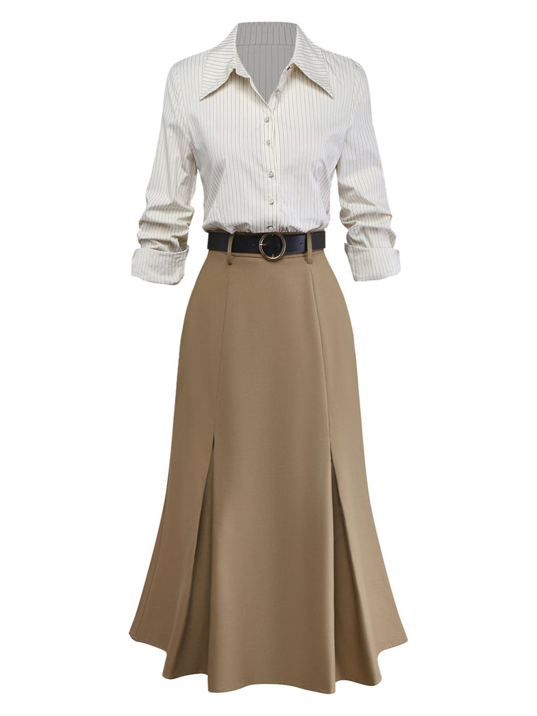 Khaki 1930s Striped Lapel Blouse Detachable Tie Dress, classic vintage style elegant retro fashion - Image 7