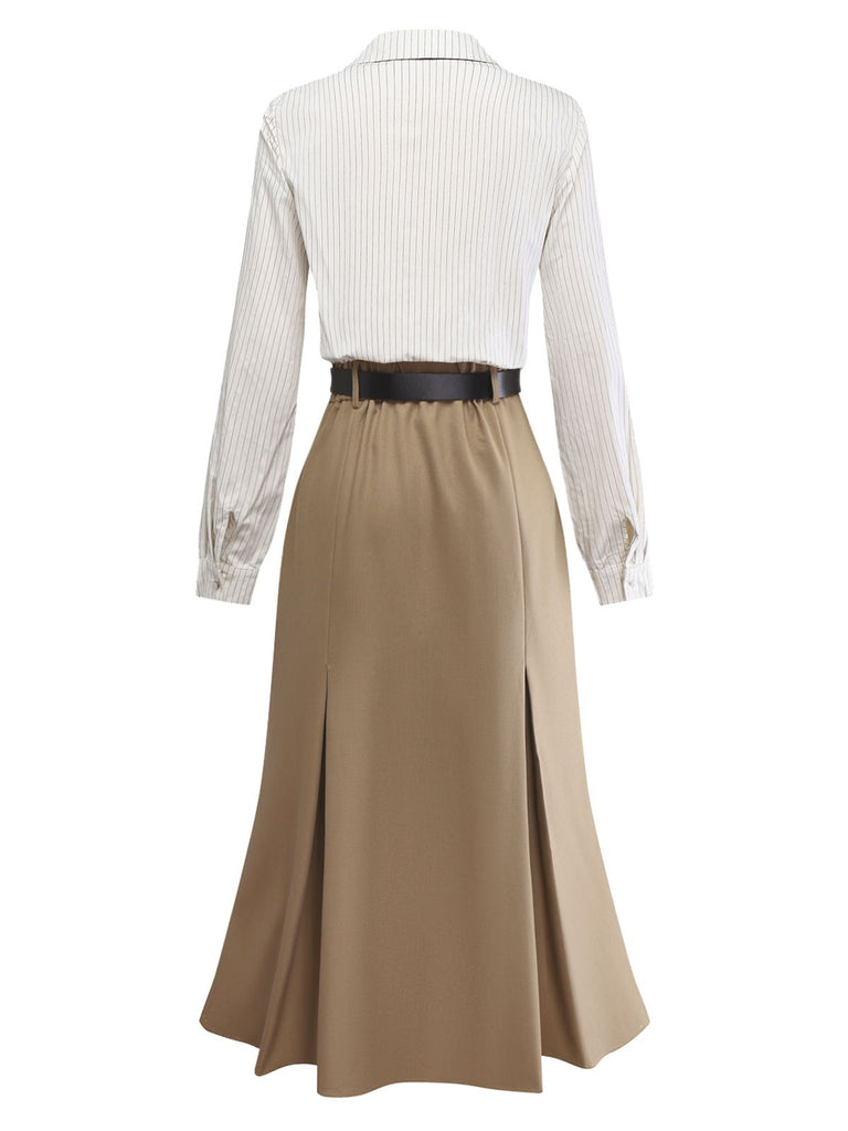Khaki 1930s Striped Lapel Blouse Detachable Tie Dress, classic vintage style elegant retro fashion - Image 8