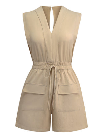 Khaki 1930s V-Neck Pocket Solid Romper - vintage jumpsuit, retro fashion