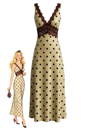 Khaki 1930s V-Neck Polka Dot Lace-Trim Sleeveless Dress