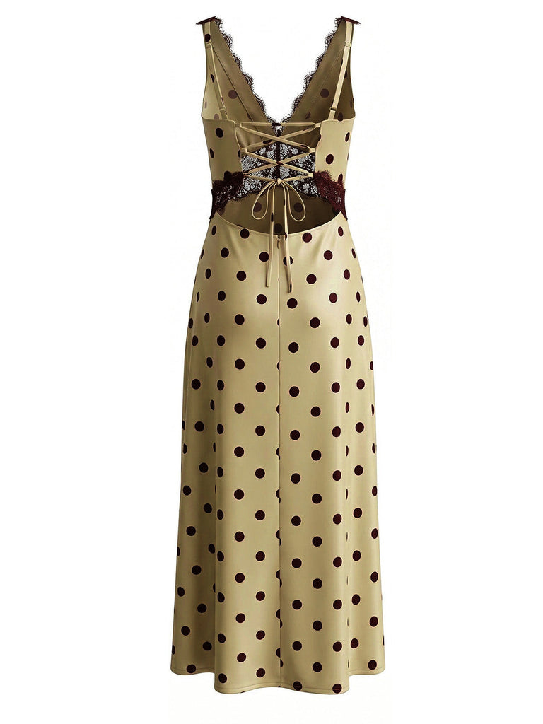 Dark Khaki 1930s Polka Dot Lace Halter Maxi Dress 7